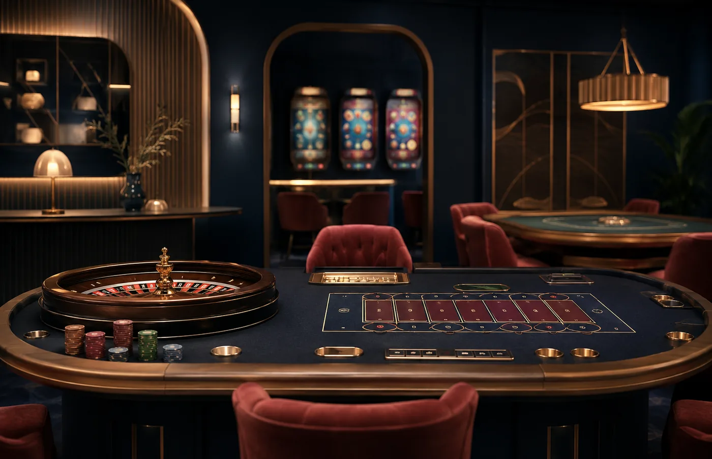 Kolase kategori slot, meja kasino, roda, dan permainan digital